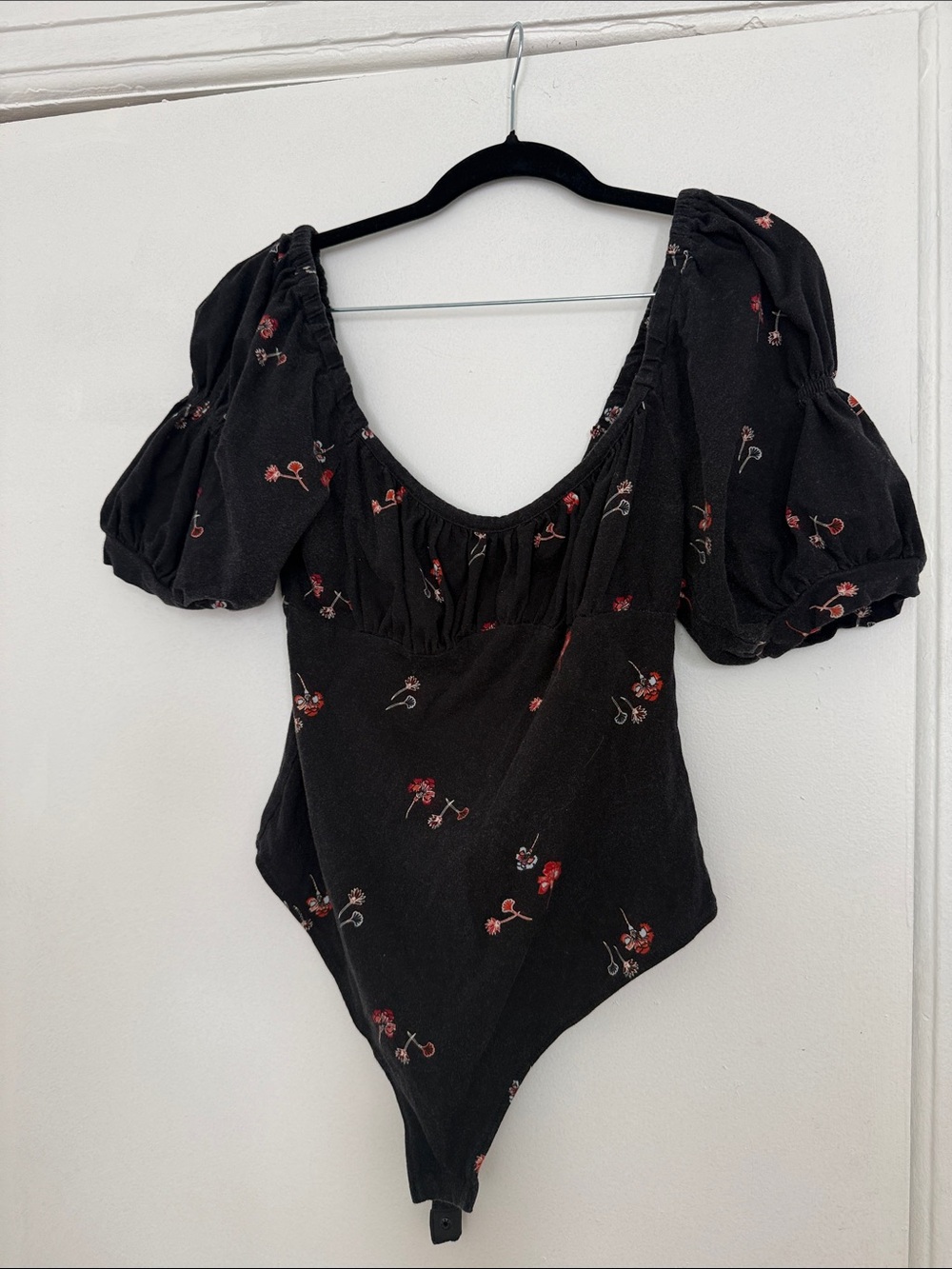 Free People Black Puff Sleeve Floral Bodysuit with Red Accents